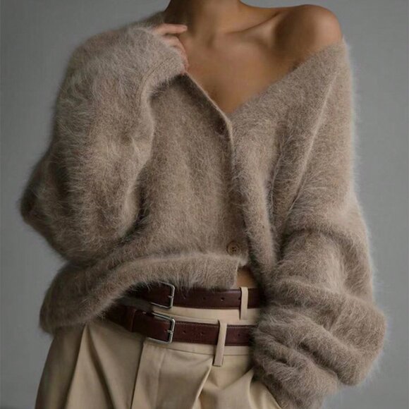 Khaki Casual Women's V-Neck Furry fuzzy button down Sweater cardigan - Picture 1 of 3